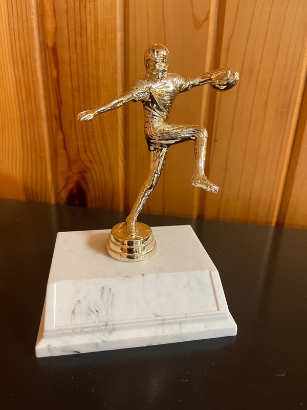 VINTAGE FOOTBALL TROPHY GOLD TONE WHITE BASE CLUB TOURNAMENT PARTY