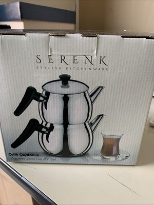 NEW - Serenk Modernist Stainless Steel Teapot | 1 L Top, 1.5 L Base