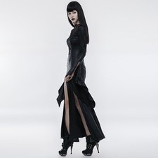 PUNK RAVE Gothic Vintage Lace Decals Knit Mesh Hem Women Black Long Dress