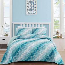 Coastal Quilts Queen Size, Blue Green Ocean Beach Themed Bedding Set Seawave S