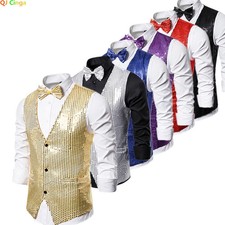 Gold Sequin Vest Men's Single-breasted V-neck Sleeveless Vests Coat Wedding Part