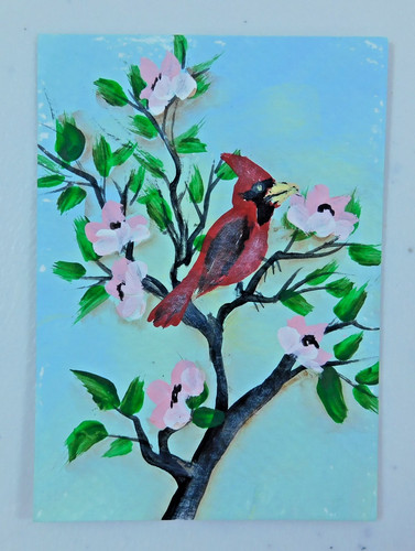 ACEO Cardinal in apple tree Original Magnetic Sleeve Art by Rain Crow