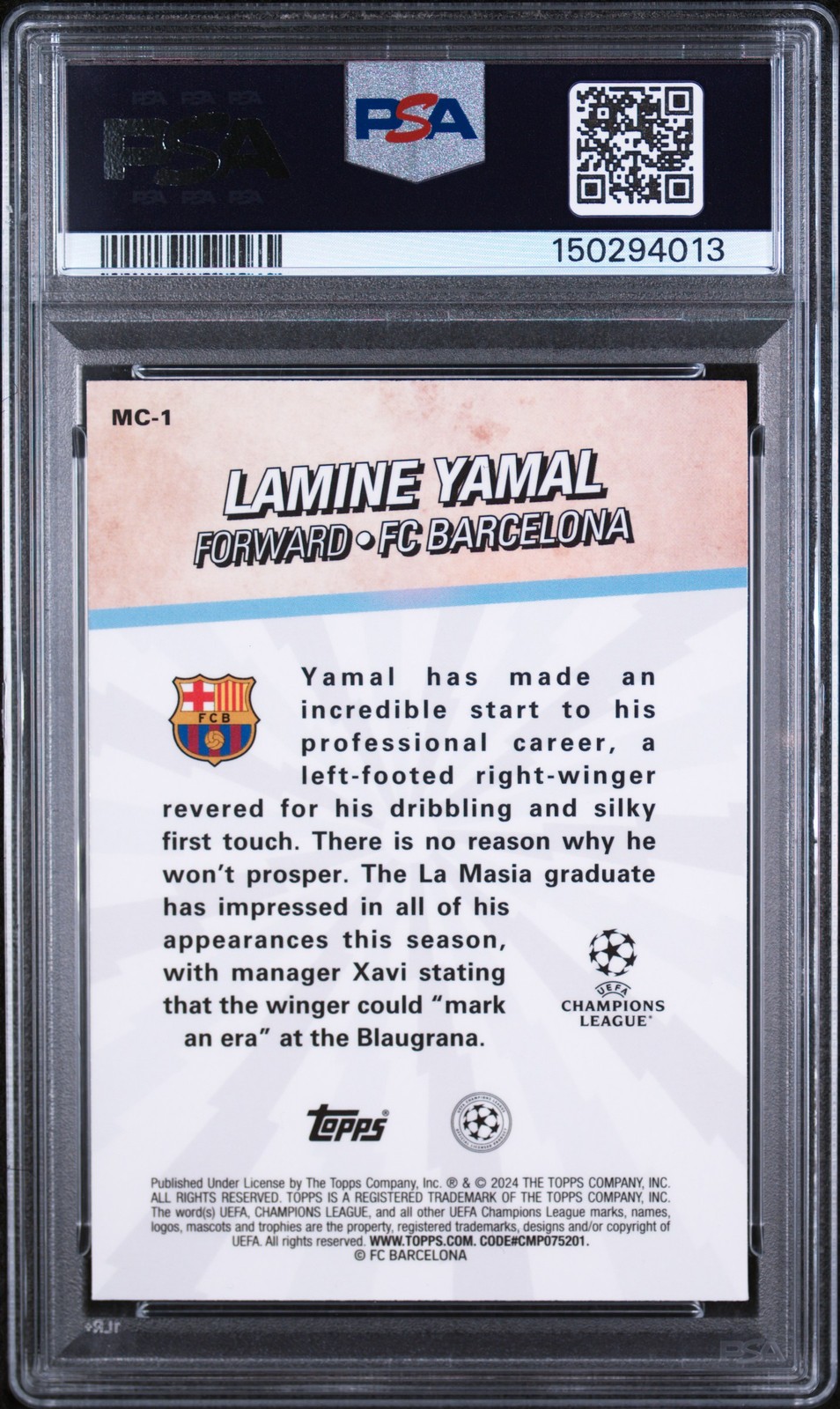 2023-24 TOPPS MERLIN UCC MERLIN'S CHOSEN ONES #MC1 LAMINE YAMAL ROOKIE RC PSA 8 view 2