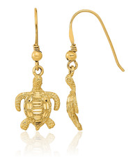 14K Solid Yellow Gold Turtle Dangle Earrings