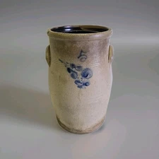 Antique 17.5" Primitive 5 Gallon Salt Glaze Stoneware Cobalt Butter Churn Crock