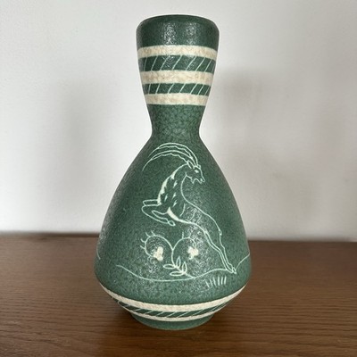 Alte Gmundner Keramik Vase Steinbock P19 Österreich Grün Vintage Austria Deko