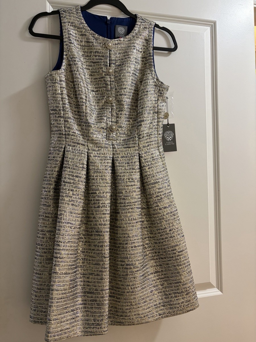Vince Camuto Metallic Tweed Fit & Flare Dress Gold Navy Pearl Buttons Sz 2 Vince Camuto Metallic Tweed Fit & Flare Dress Gold Navy Pearl Buttons Sz 2