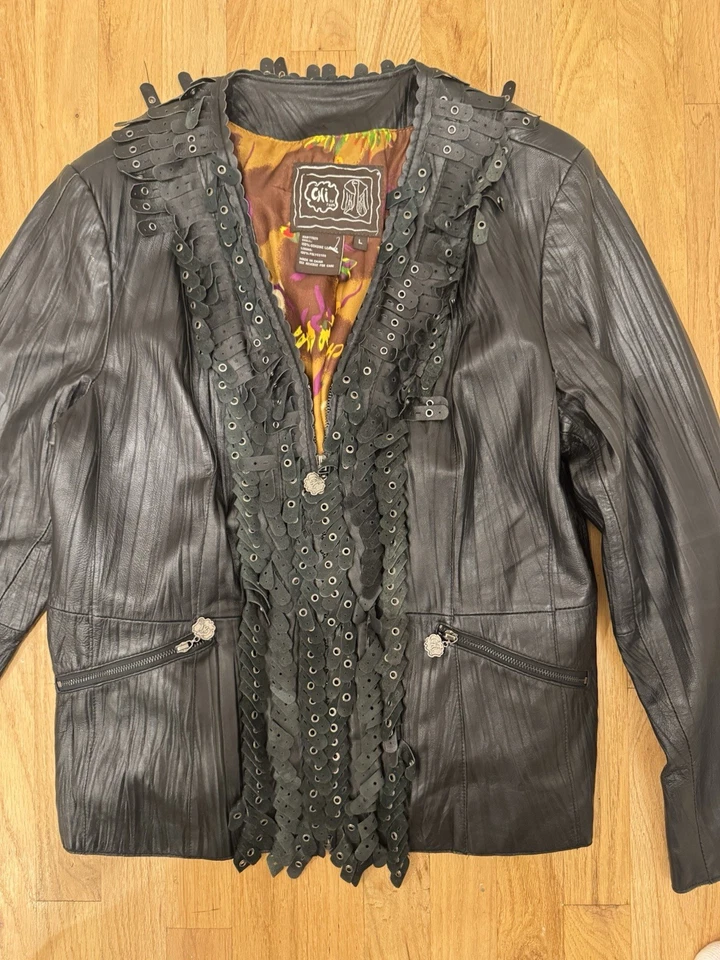 Chaqueta vintage con flecos de cuero negra Chi by Falchi para mujer talla grande Foto 2 de 4