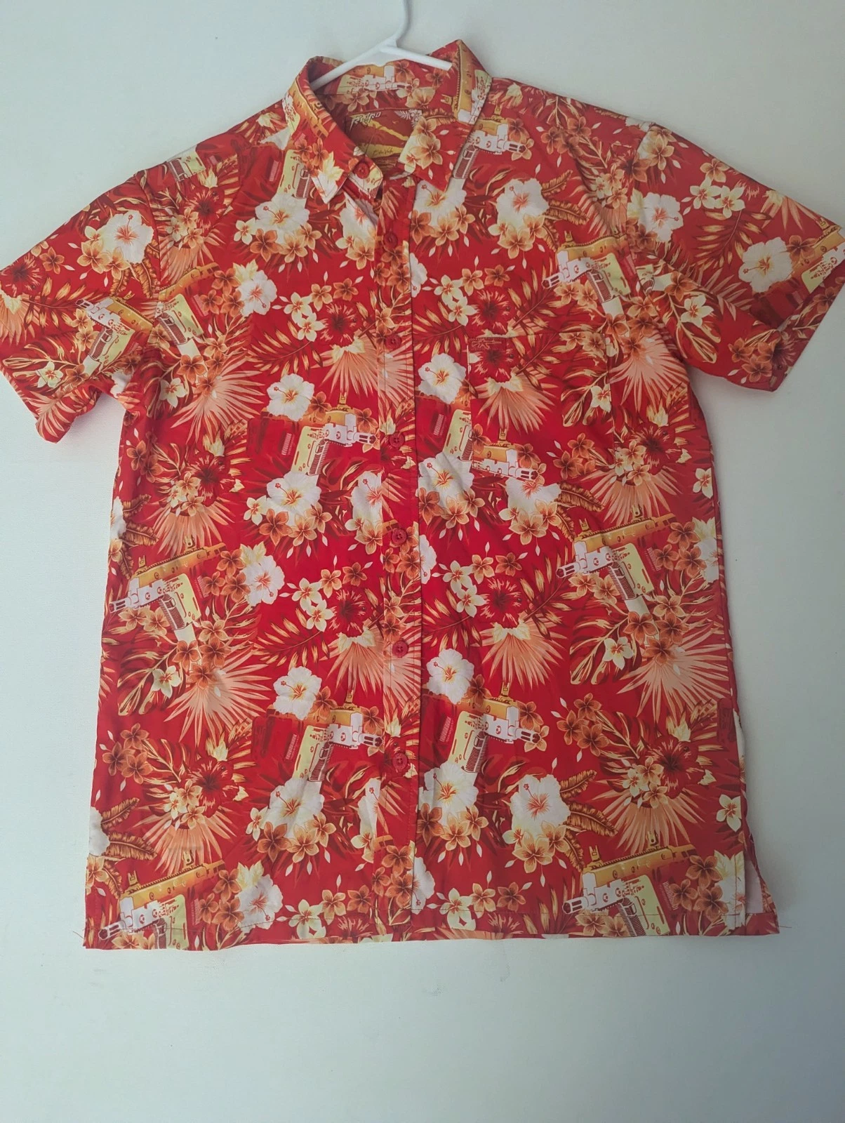 Retro Rifle Shirt Firearm Gun Second Ammendment Aloha Hawaiian Orange Sz Medium