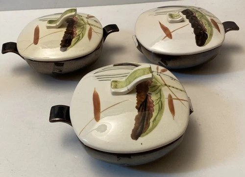 Three (3) Vintage Red Wing Lotus Bronze Cream Soup Bowl & Lid Sets -Hand Painted