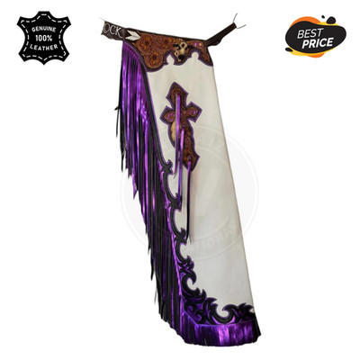 Custom Western Rodeo Leather Chaps   White & Purple Fringe Cross Design