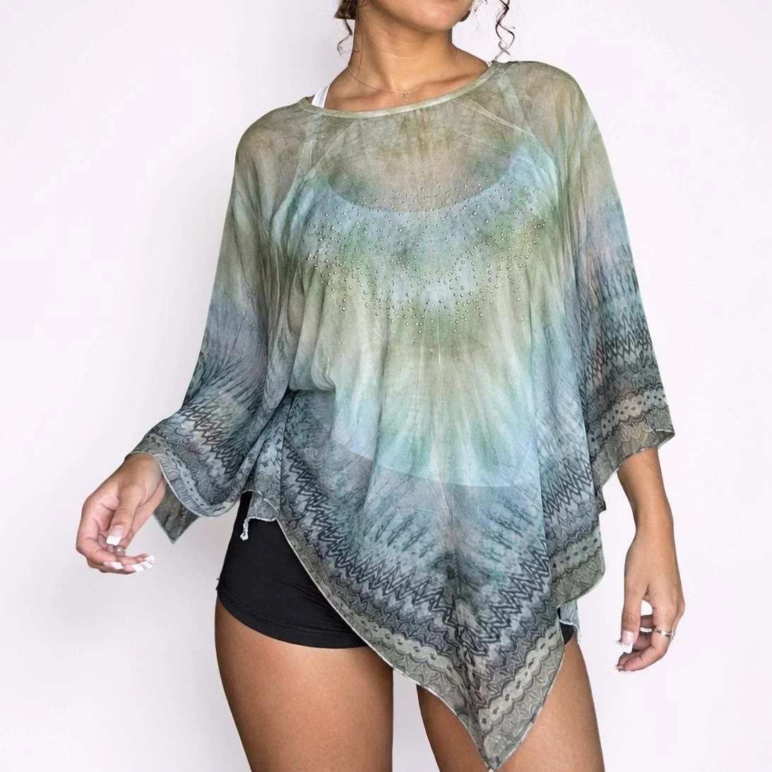 Y2K Sheer Chiffon Rhinestone Poncho Top Green Blue Boho Medium
