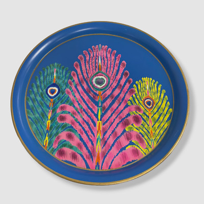 $188 Les Ottomans Blue Peacock Round Iron Tray 1pc