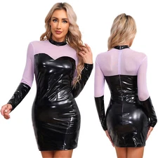 Women's PVC Leather Bodycon Mini Dress Gothic Victorian Costume Pencil Dresses