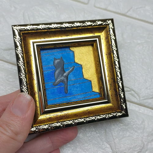 Graue Katze Gemälde Gerahmt Original Kunst Lustiges Kätzchen Handarbeit Kunst Mini Gemälde - Video 1 von 1