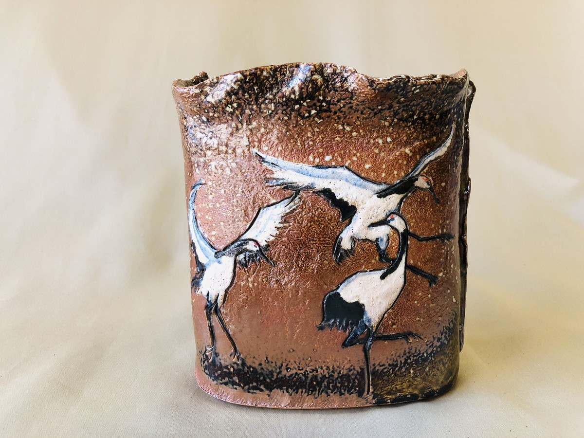 豚小屋('69伊/仏) Y4343 FLOWER VASE Seto-ware crane signed box Japan ikebana antique