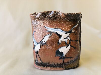 Y4343 FLOWER VASE Seto-ware crane signed box Japan ikebana antique