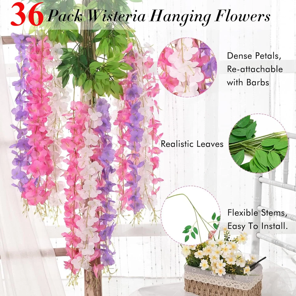 36 piezas Flor de glicinia artificial de seda falsa planta colgante hogar fiesta boda decoración Foto 3 de 4