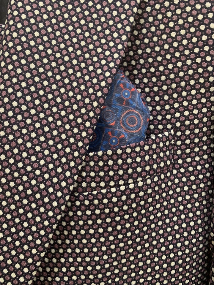 Terno masculino novo sem etiquetas EUA 34R roxo bolinhas lapela larga 3 peças - Imagem 2 de 4