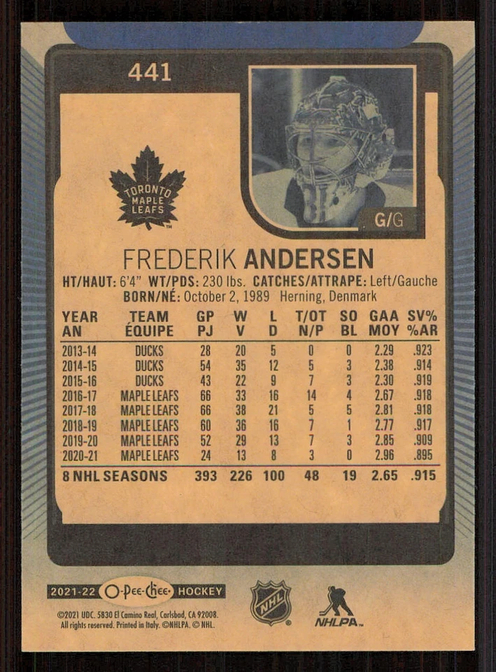 2021-22 O-Pee-Chee Blue #441 Frederik Andersen - Image 2 of 2