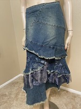 Women  s Blue Denim Cotton Casual Bead Embroidered Boho Size XL 10-12 Skirt 9004