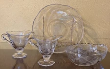 Crystal Bowl Heisey Rose Etched 9.5” Relish Dish, Cream & Sugar Vintage 4 Pieces