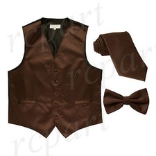 New Men's Solid Tuxedo Vest Waistcoat Necktie  Bowtie Set Formal Wedding Brown