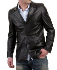 Men's Genuine Lambskin Real Leather Blazer Button Coat Jacket Soft Stylish Black