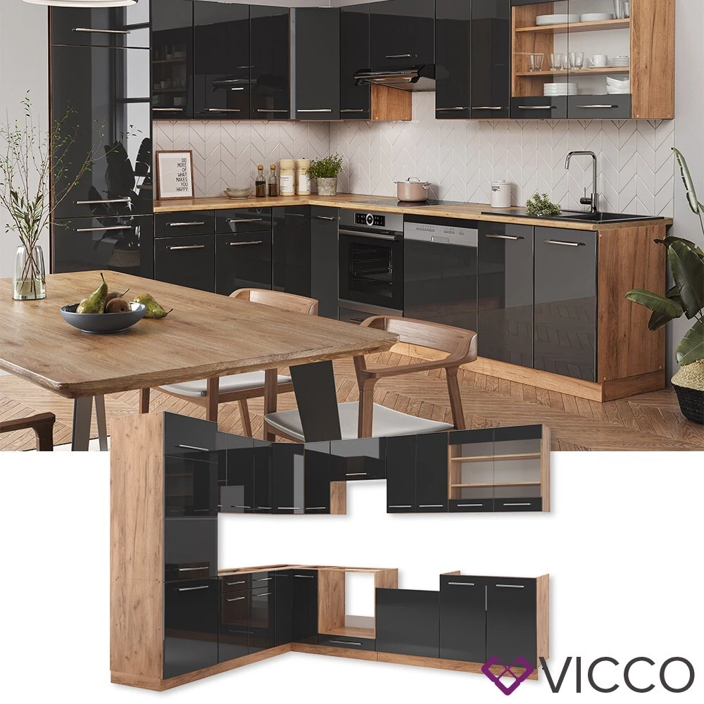 Cuisine Fame-Line Vicco 355cm Style Rustique - Meubles Chêne Anthracite Or (neuf)