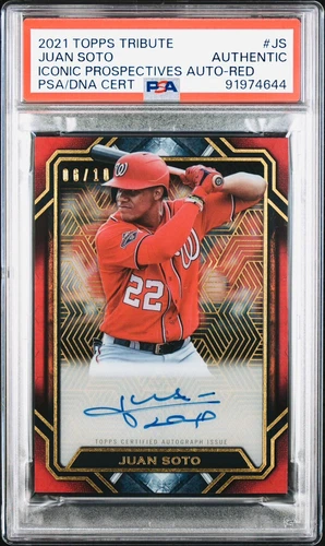 Juan Soto Red Refractor /10 Auto PSA/DNA 2021 Topps Tribute POP 1 Sharp & Clean!