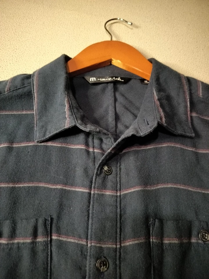 Travis Mathew Men's, Shirt Long Sleeve,  Flannel, Navy Blue Striped, Sz M. - Image 4 of 4