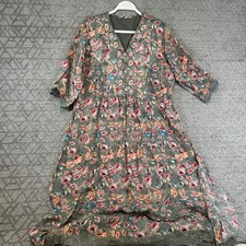 Floral Midi Dress Womens Flowers Print Bohemian Gray 3/4 Sleeve Casual