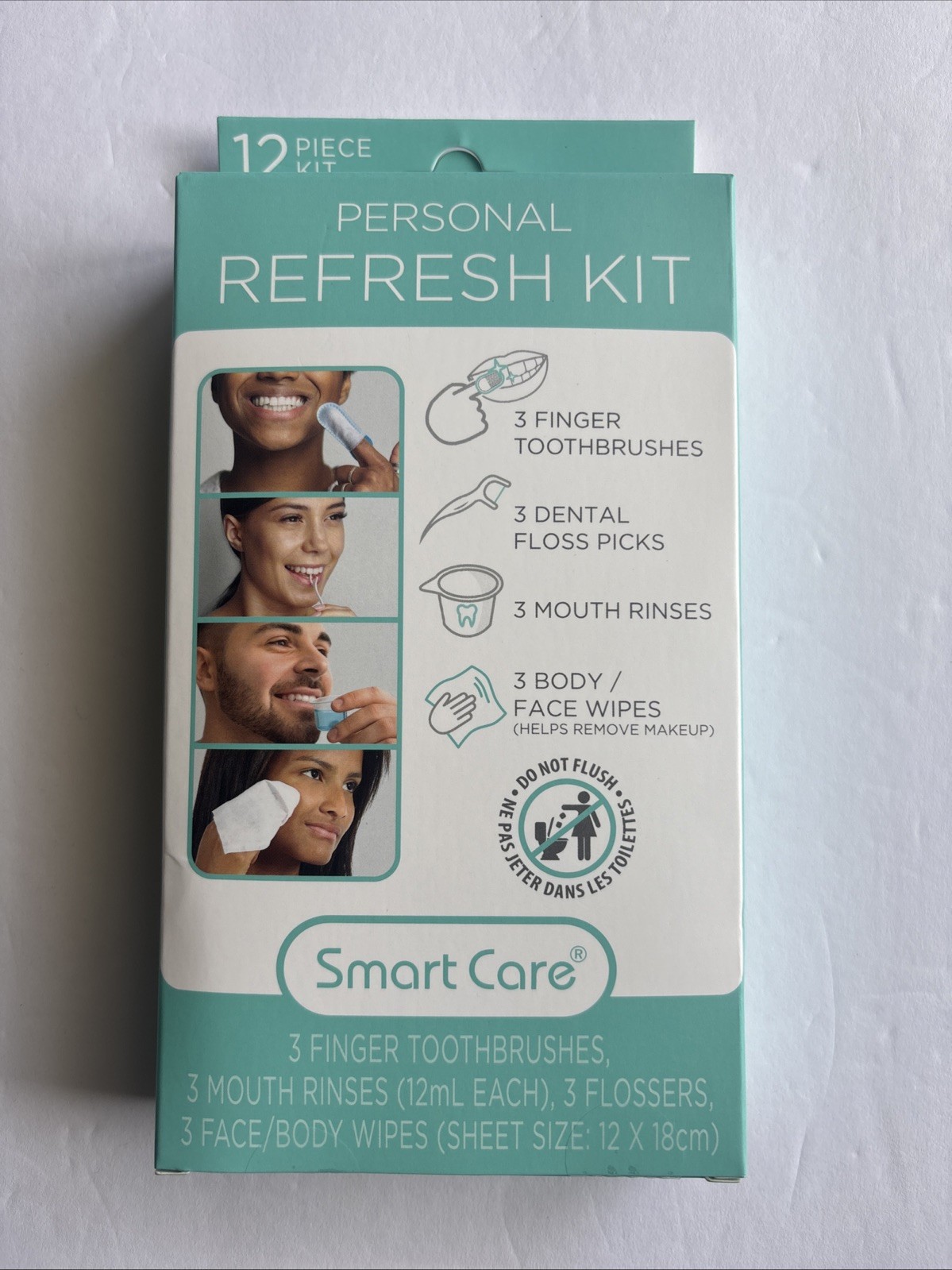 12pc Personal Refresh Kit Smart Care, 3 X Finger Tooth Brushes,rinse,floss,wipes