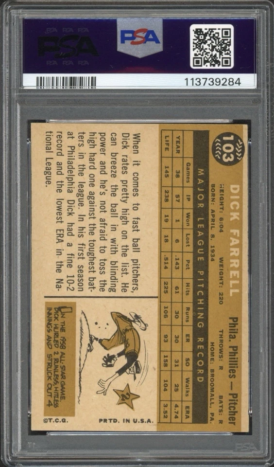 1960 Topps Dick Farrell #103 PSA 7 Near Mint Philadelphia Phillies  - Image 2 of 2