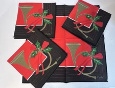 Vera Neumann Christmas Napkins Holly Horn Black Red Set 4 Excellent