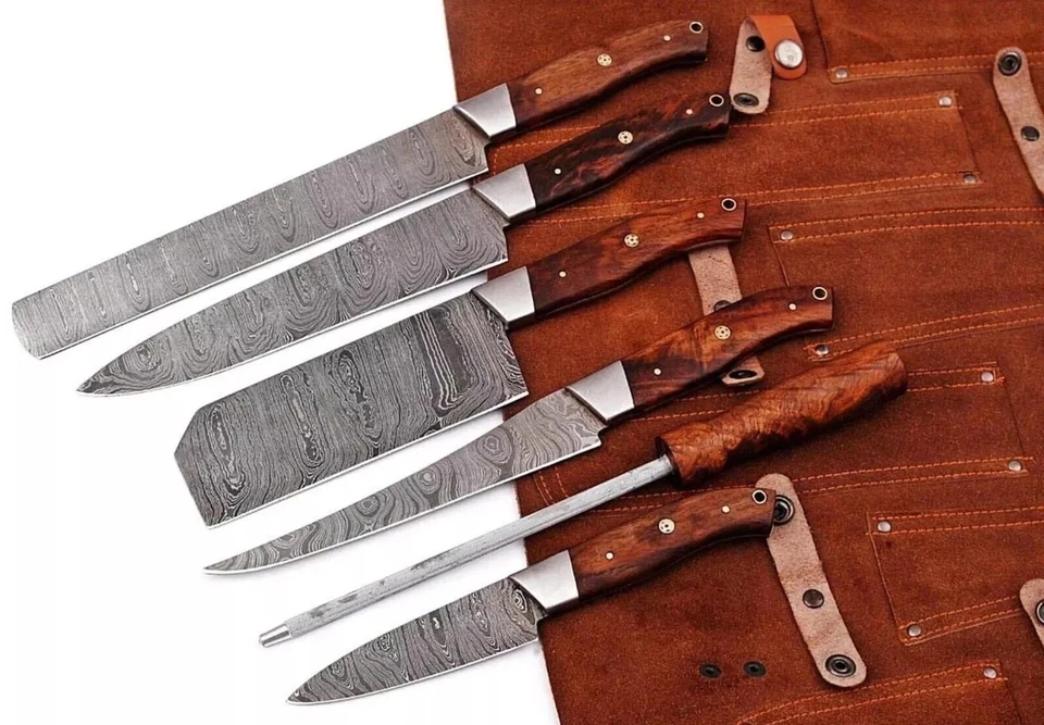 Handcrafted Damascus steel chef's knife set - 5 knives + honing rod, leather rol - Bild 3 von 4