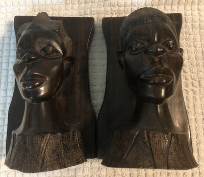 VINTAGE HAND CARVED EBONY WOOD AFRICAN TRIBAL BOOKENDS MAN & WOMAN CIRCA 1940's