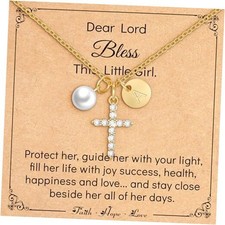 Easter Basket Stuffers- Cross Necklace for Girls,14K Gold Plated Initial A