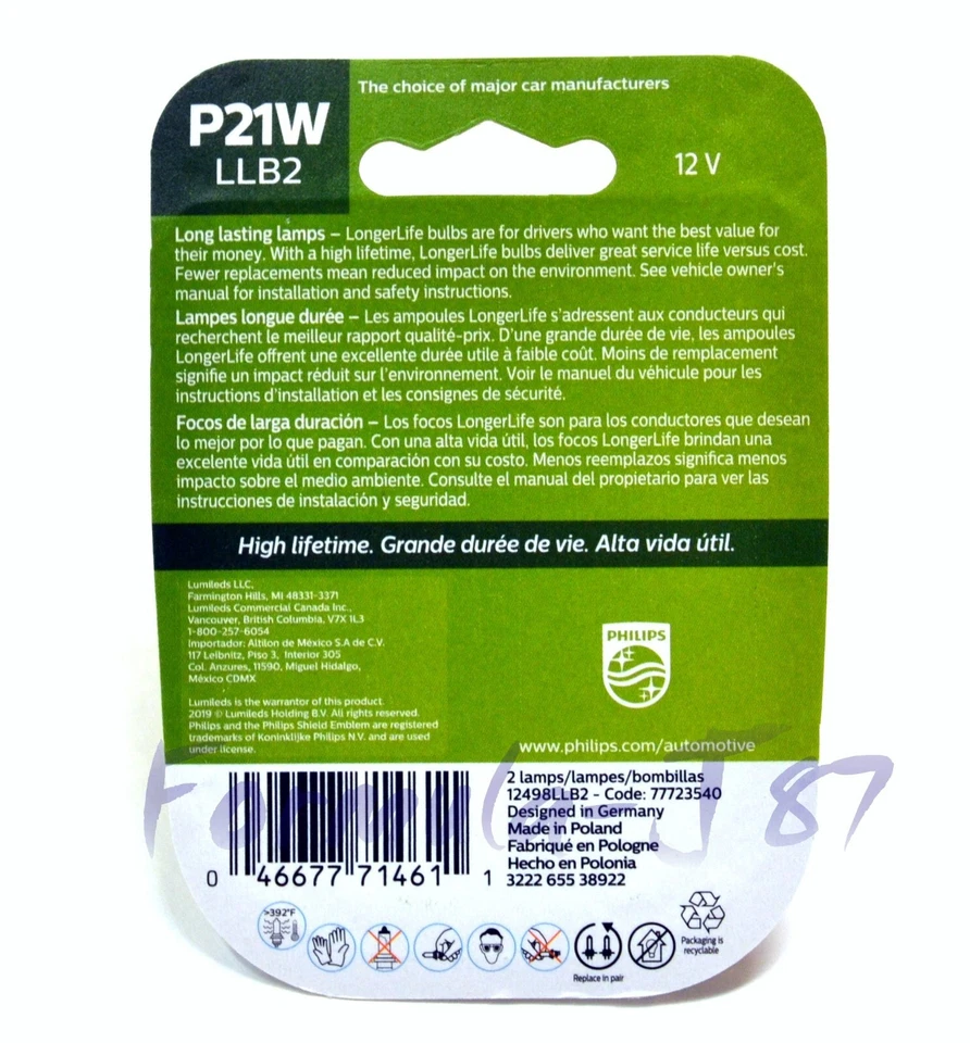 Philips LongerLife P21W 21W Dos Bombillas Parada Freno Luz Trasera Repuesto Lámpara Foto 2 de 4