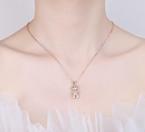 Sparkling Teddy Bear Pendant Rose Gold Pave Cubic Zirconia Chain Necklace - Picture 2 of 2