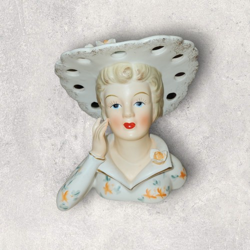 Vtg Leftons 1950s 6" Lady Head Vase w/Roses Wide Hat Floral Dress #3140 Orange - Picture 1 of 10