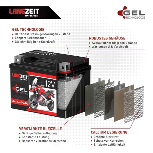 Batterie moto longue durée YB14L-A2 GEL 12V 14Ah 51411 FB14L-A2 CB14L-A2 12N14-3A - Photo 3/5