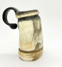 Animal Horn Mug Cup Carved Viking Folk Art Ceremonial Handmade Vintage Rare
