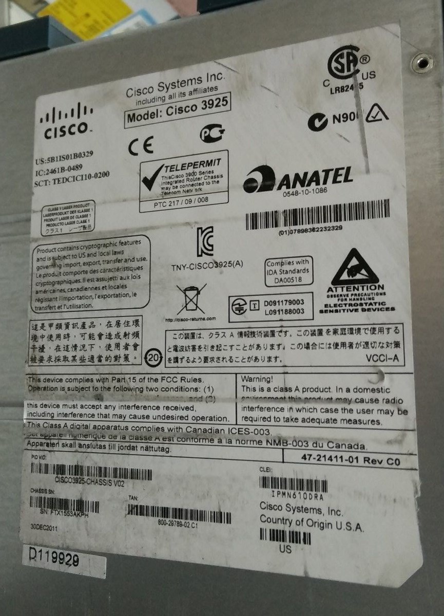 Cisco CISCO3925-CHASSIS V02 with C3900-SPE100/K9 ISR Cisco CISCO3925-CHASSIS V02 with C3900-SPE100/K9 ISR