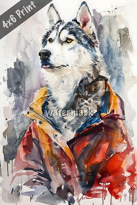 #ad Dog Siberian Husky in painters smock watercolor Art 4x6 Print $8.40