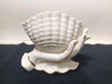 1950's Ucagco Ceramics hand holding vase / bowl holding shell gold accents Japan