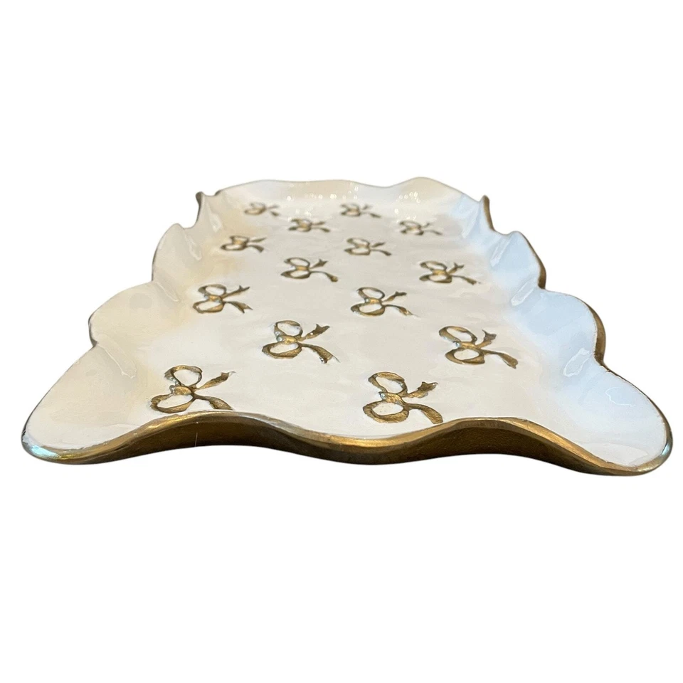 Gold Bow Enameled Rectangular Metal Serving Tray 16x7.5 Scalloped Made in India  - Image 4 of 4