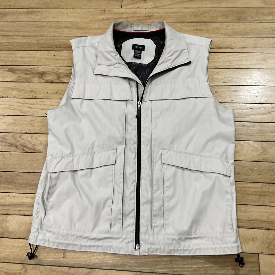 IZOD Tech Vest Golf Adult Men M Cream Streetwear Full Zip Vtg Y2k Old Money M - Image 2 of 4