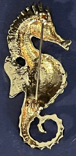 Rose-Gold Tone Black Enamel & Clear Rhinestone Seahorse Brooch Pin - Picture 2 of 2