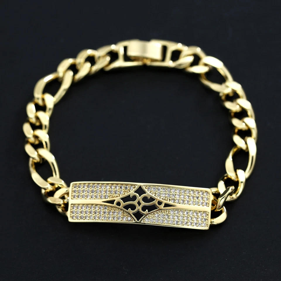 VINTAGE FILIGREE 9K GOLD GF SIMULATED DIAMOND ID BAR CURB CHAIN BANGLE BRACELET - Image 3 of 4